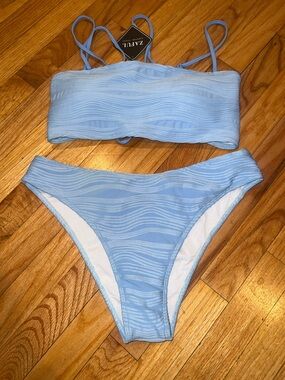 Zaful Pale Blue Textured Bandeau Bikini Set